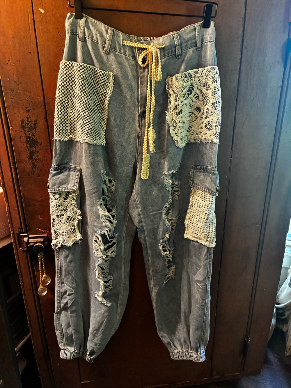 POL Light Blue Denim Cargo Jeans with Cream Crochet Patches
